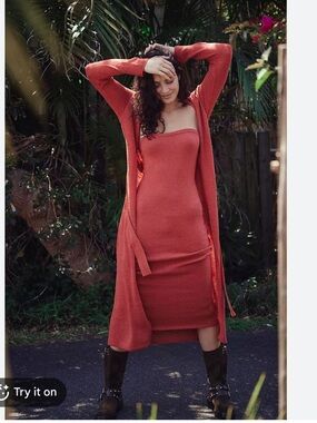 NWT Free People Lottie Rust-Red Knit Two-Piece Midi Dress & Cardigan